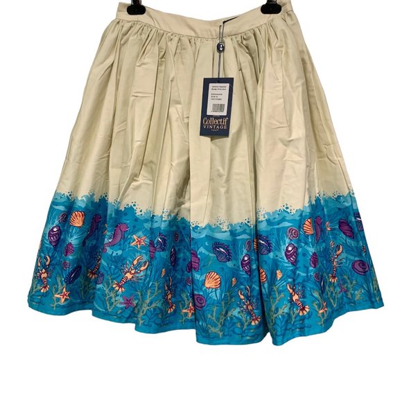 Collectif Retro Pinup Full Skirt Jasmine Seashell Border UK12/ US 8 MED NWT - Picture 2 of 15